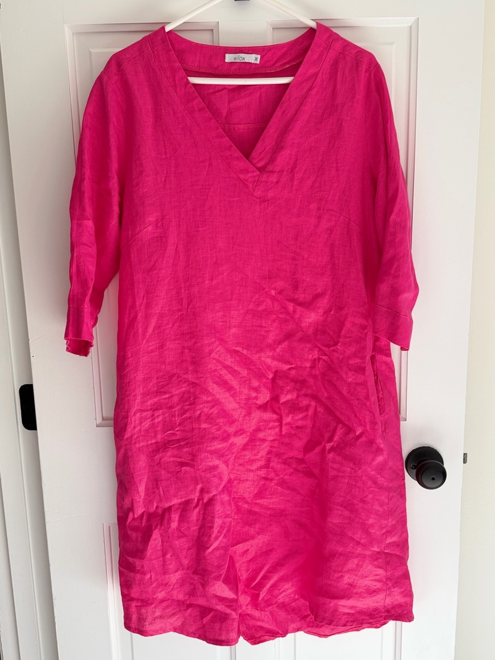 Willow Hot‎ Pink 100% Linen V-Neck Pocket Shift Dress M